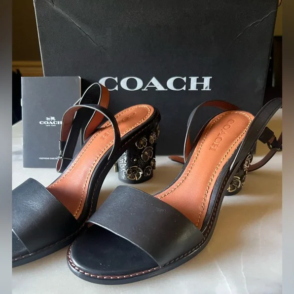 🥀 Coach Tea Rose Black Heels/Sandals - Picture 2 of 16